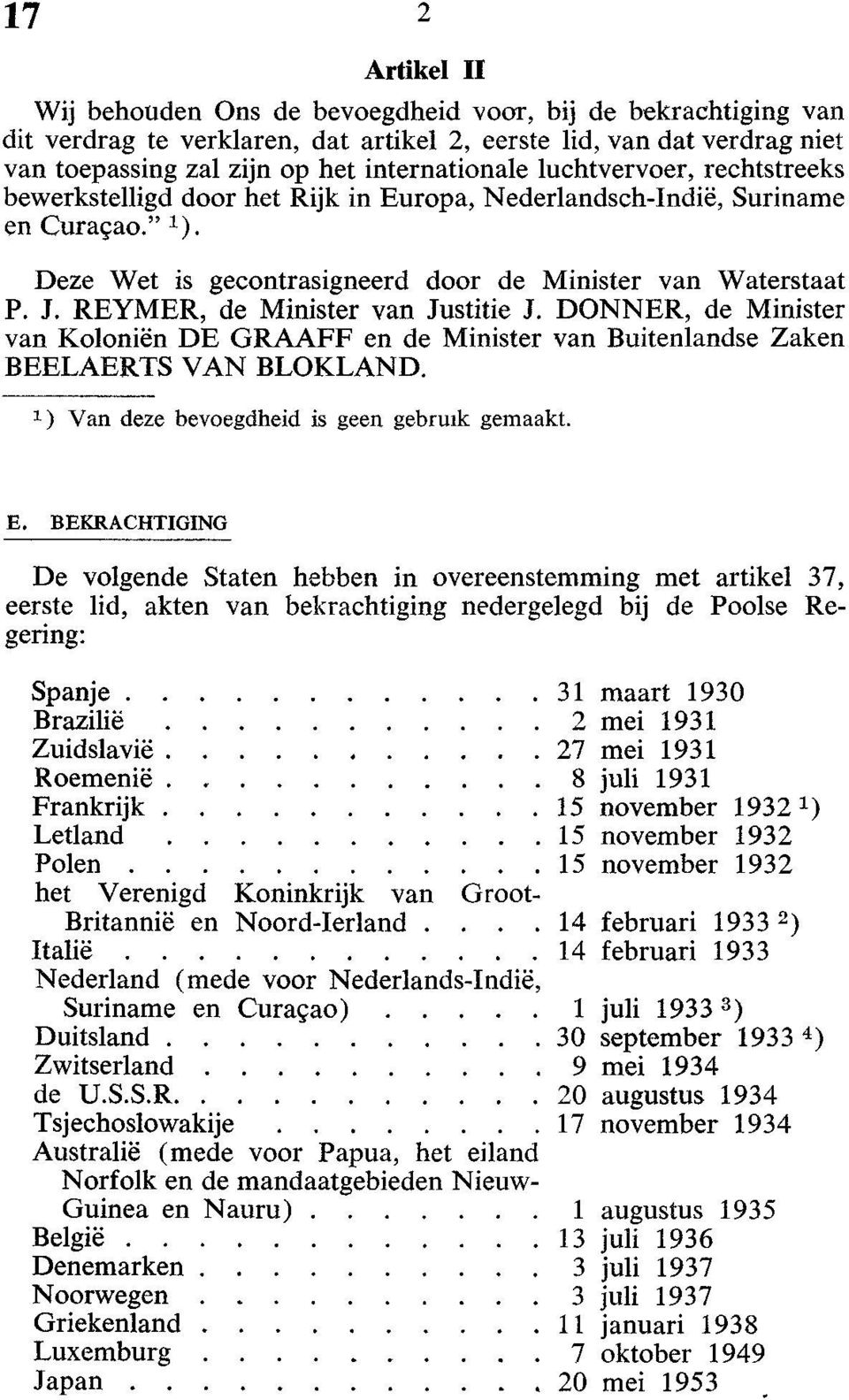 REYMER, de Minister van Justitie J. DONNER, de Minister van Koloniën DE GRAAFF en de Minister van Buitenlandse Zaken BEELAERTS VAN BLOKLAND. 1 ) Van deze bevoegdheid is geen gebruik gemaakt. E.