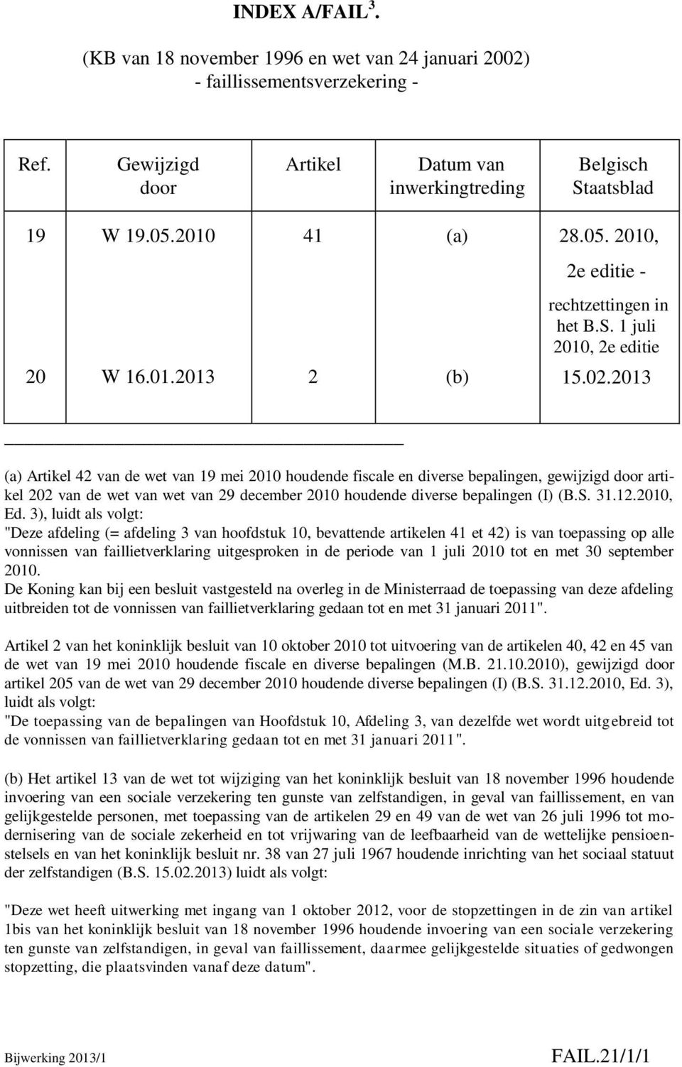 2013 (a) Artikel 42 van de wet van 19 mei 2010 houdende fiscale en diverse bepalingen, gewijzigd door artikel 202 van de wet van wet van 29 december 2010 houdende diverse bepalingen (I) (B.S. 31.12.