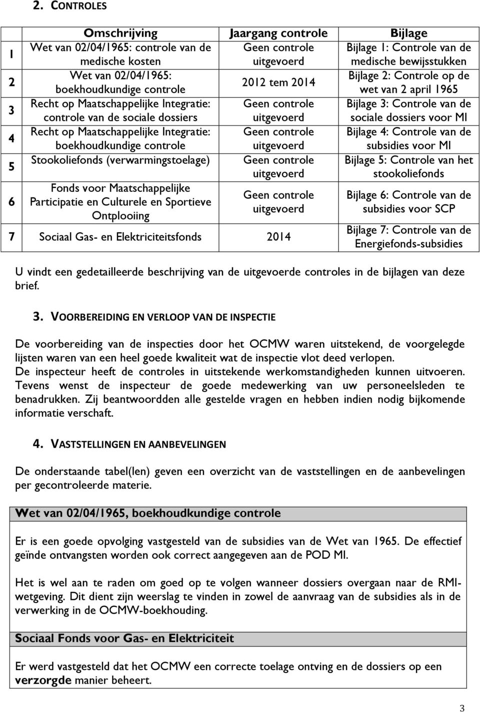 Bijlage 2: Controle op de 2012 tem 2014 boekhoudkundige controle wet van 2 april 1965 Recht op Maatschappelijke Integratie: Geen controle Bijlage 3: Controle van de controle van de sociale dossiers