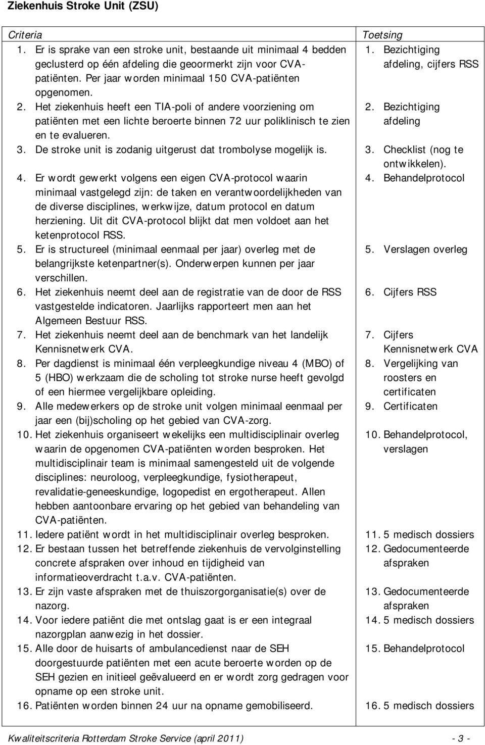 Het ziekenhuis heeft een TIA-poli of andere voorziening om patiënten met een lichte beroerte binnen 72 uur poliklinisch te zien en te evalueren. 3.