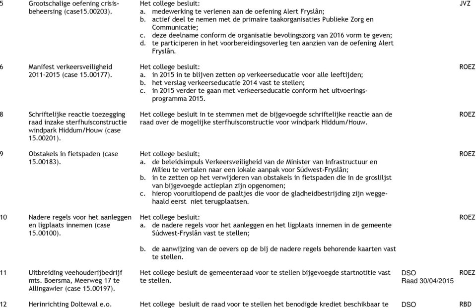 te participeren in het voorbereidingsoverleg ten aanzien van de oefening Alert Fryslân. JVZ 6 Manifest verkeersveiligheid 2011 2015 (case 15.00177). a. in 2015 in te blijven zetten op verkeerseducatie voor alle leeftijden; b.