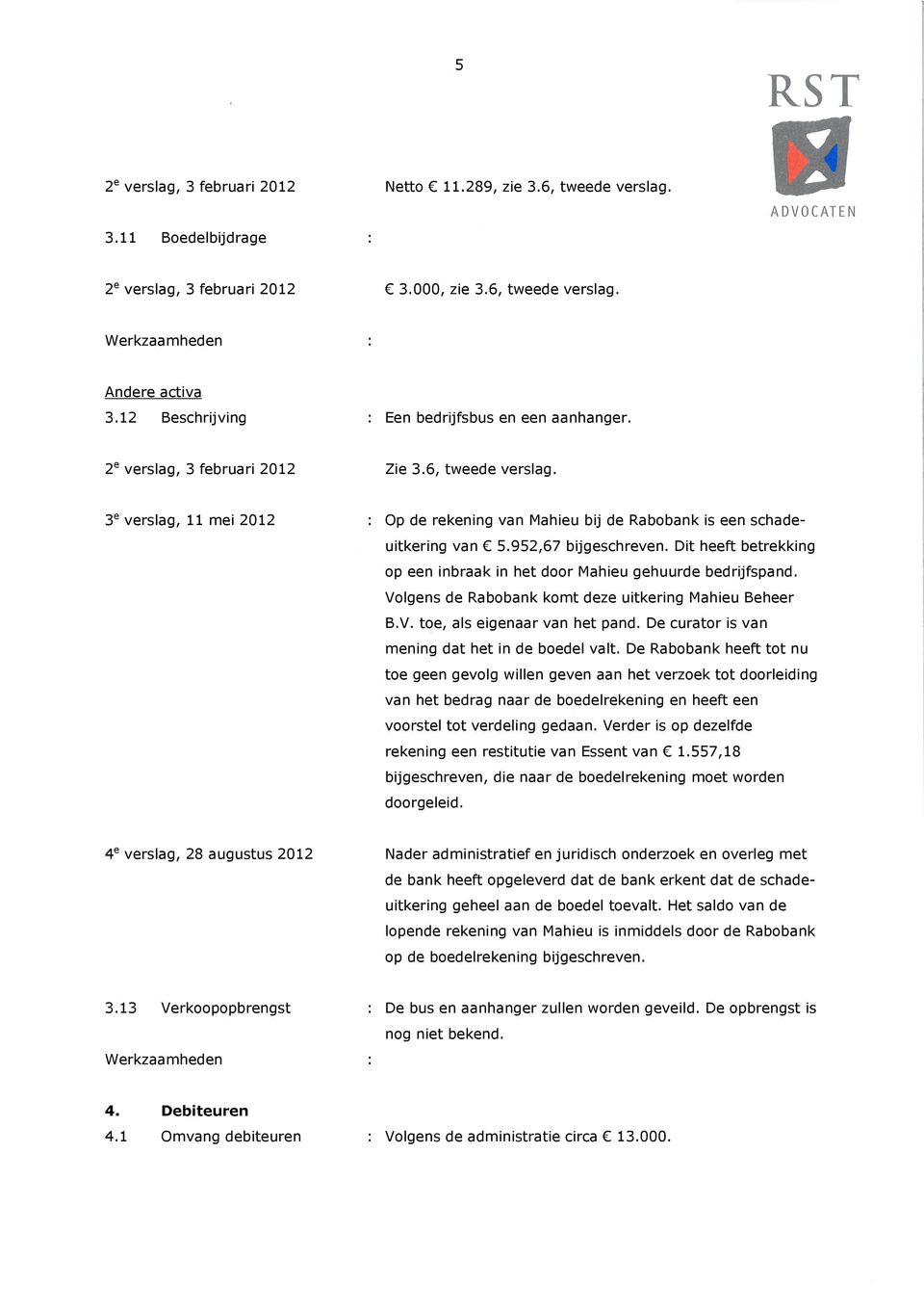 3 e verslag, 11 mei 2012 : Op de rekening van Mahieu bij de Rabobank is een schadeuitkering van 5.952,67 bijgeschreven. Dit heeft betrekking op een inbraak in het door Mahieu gehuurde bedrijfspand.