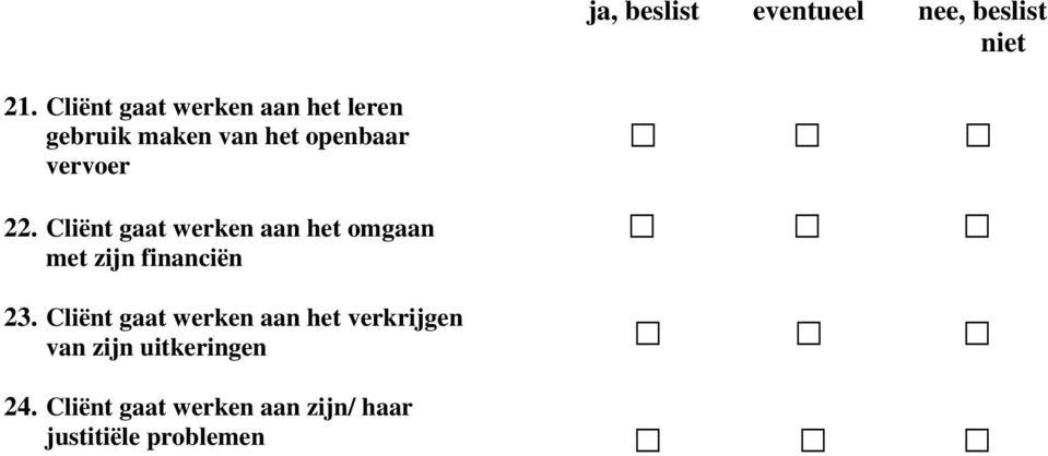 22. Cliënt gaat werken aan het omgaan met zijn financiën 23.