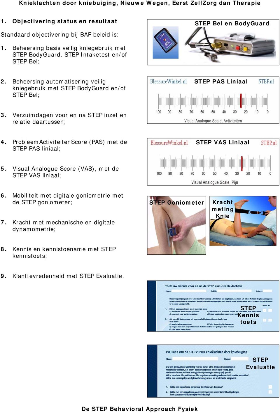 Verzuimdagen voor en na STEP inzet en relatie daartussen; 4. ProbleemActiviteitenScore (PAS) met de STEP PAS liniaal; STEP VAS Liniaal 5.