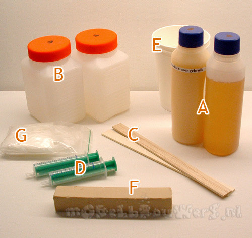 gebruikte materialen en gereedschappen A) Twee componenten 1:1 giethars (ook wel resin genoemd), 250g + 250g B) Twee componenten 1:1