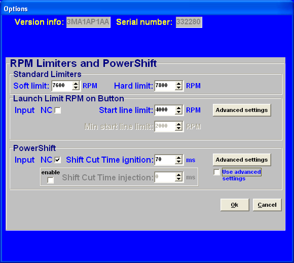3.2.4.1.2 RPM limiters and Power Shift 3.2.4.1.2.1 Standard Limiters In dit menu kunnen verschillende toerentalbegrenzers en powershift worden ingesteld.