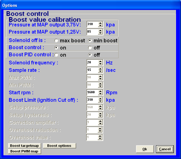 3.2.4.1.9 Boost control In dit menu kunnen de parameters voor de vuldrukregeling (boost control) worden ingesteld.