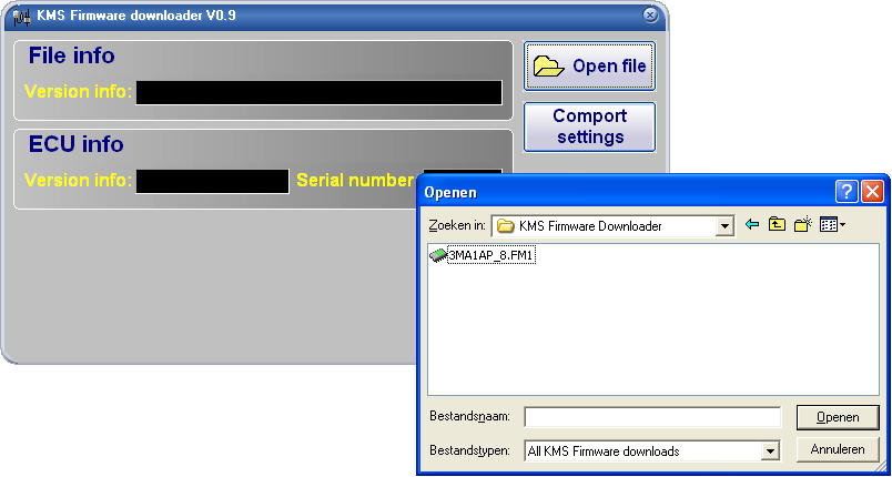 Met de firmware downloader kan het update bestand naar de ECU worden verzonden (maar 1 van de 3 bestanden is zichtbaar met de firmware downloader, zie onderstaande afbeelding).
