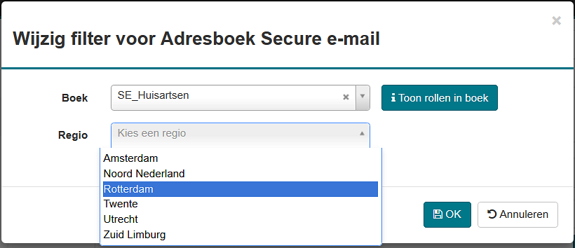 5.2 Deelboek ZorgMail biedt een aantal adresboeken waaronder een adresboek met Secure e-mail adressen. Met het Adresboekfilter kunt u aangeven of u wilt zoeken in een lijst met domeinen, de zgn.