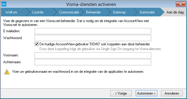 10 De stap Autorisatie In deze stap wordt de integratie van AccountView met Visma.net geautoriseerd. Dat is onder andere nodig om AccountView-gebruikers in Visma.