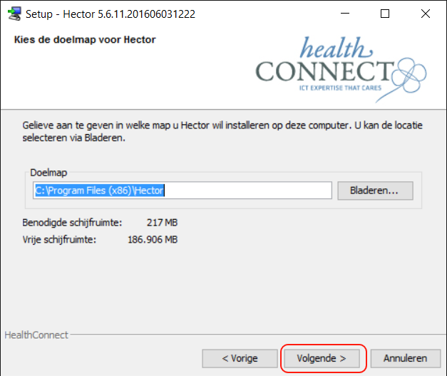 3. Mogelijkheid om de doelmap voor Hector te selecteren. Wij adviseren om de doelmap te behouden zoals voorgesteld wordt.