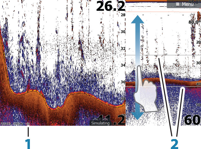 Sonar weergave opties Selecteer de optie Bekijken in het Fishfinder menu om de Weergave opties te bekijken. Opties voor gesplitst scherm Zoom Pos.