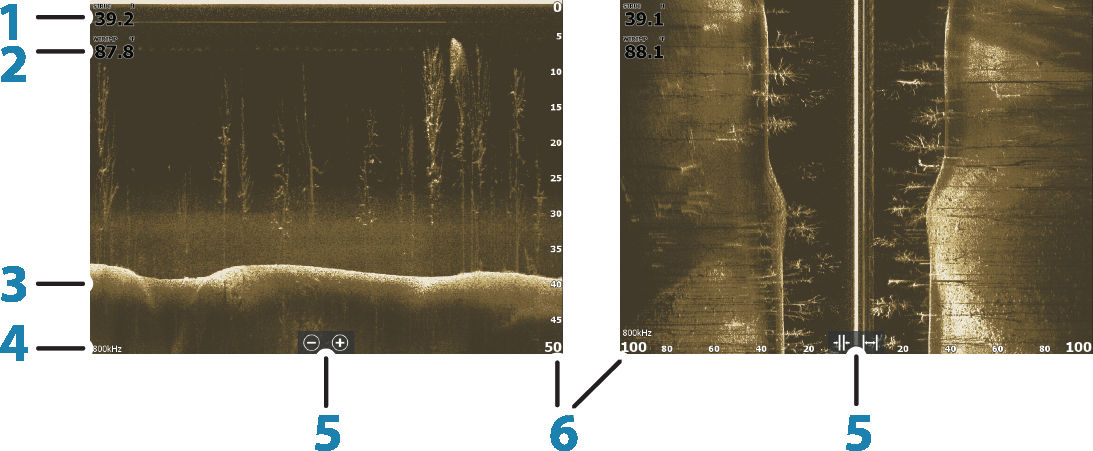 StructureScan HD geeft een 328 m brede dekking en veel details met SideScan, terwijl DownScan foto-achtige beelden van structuren en vissen direct onder uw boot tot op 92 m diep geeft.