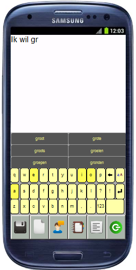 Typemodule Om in dit scherm te komen moet de knop aangeklikt worden in de werkbalk in het basisvocabulaire In de typemodule kunnen berichten worden getypt, die kunnen worden uitgesproken.