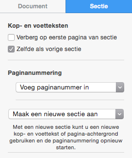 Onder het kopje Document vindt u het volgende. Secties Hier kunt u aanpassingen doen aan de kop- en voetteksten en de paginanummering.
