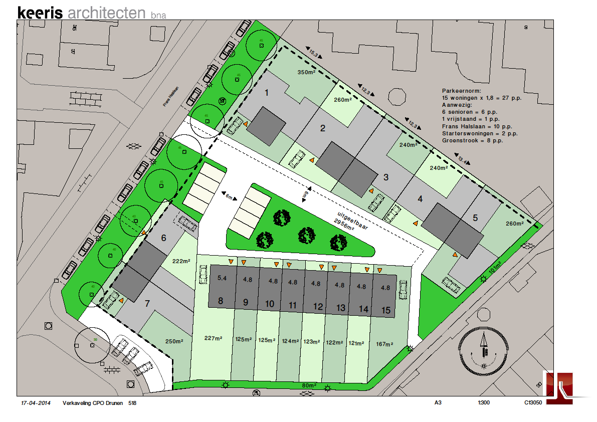 April 2014 - één rij starterswoningen afgestemd met geinteresseerden - strook niet uitgeefbaar langs achterpad i.v.m. kabels, leidingen en lichtmasten - opzet parkeren en weg op hof aangepast na overleg gemeente en locatievereniging.