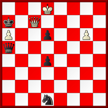kan redden : 6...Dxc7+ 7.Kxc7 Pe3 Dreigt 8 Pg5, wat zowel pion d6 als het veld g7 dekt. 8.g7 Pd5+ De zet die Troitzky c.s. waarschijnlijk over het hoofd hebben gezien, het paard gaat met tempowinst naar f6.