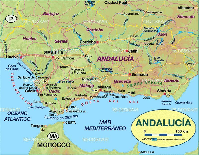 Samen beslaan ze een oppervlakte die bijna even groot is als buurland Portugal. De hoofdstad van Andalusië is Sevilla.Het omvat eveneens twee enclaves in Marokko (Ceuta en Melilla).