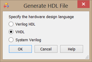 Maken HDL beschrijving We hebben nu een heel mooie state machine op het scherm staan, maar we willen er uiteindelijk VHDL van hebben. Dit kan met de knop Maak HDL beschrijving.