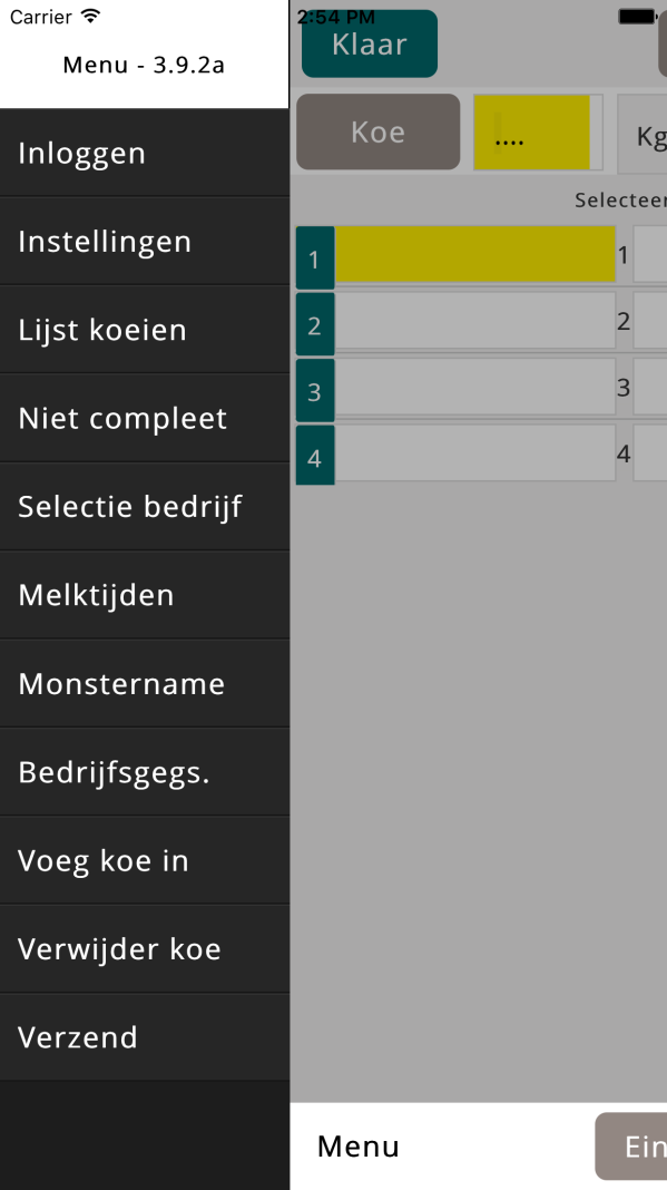 Algemeen Menu Links onderaan op het scherm ziet u menu staan. Door hier op te klikken komt er een keuzescherm in beeld. Lijst koeien Dit is de lijst van alle dieren op het bedrijf.