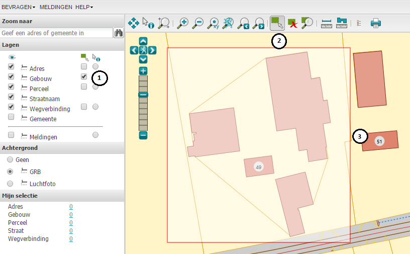 Selecteren en exporteren van objecten Opbouwen van een selectie Van volgende objecten kan een selectie worden opgebouwd: Adressen Gebouwen Percelen Straten (enkel via de 'Identify'-functie)