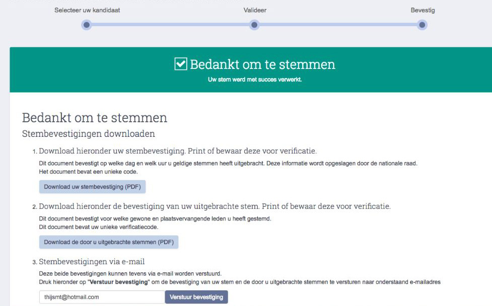 Onderstaand een voorbeeld van de bevestigingen. Bevestiging 1 : Download uw stembevestiging (pdf). Print of bewaar deze voor verificatie.