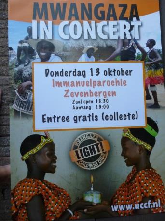 Mwangaza in concert 13 oktober Op donderdagmiddag 13 oktober gaan we met alle groepen het concert van Mwangaza bijwonen in de RKkerk. We zullen er van school uit gezamenlijk naar toe lopen.