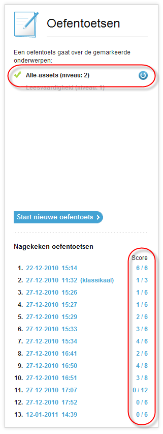 Net als bij de nulmeting kun je ook hier de zojuist gemaakte oefentoets inzien. Je kunt ook weer een nieuwe oefentoets starten.