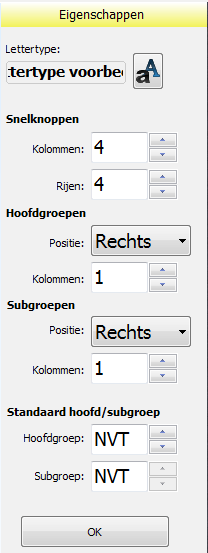 Eigenschappen knoppen layout Met de Eigenschappen knop kunt u zoals gezegd het lettertype, de groottes van het lettertype en de stijl/hoeveelheid van de sub/hoofd groepen aanpassen.