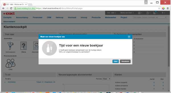 Exact Online start nu de administratie op en komt met de melding dat ze een boekjaar willen aanmaken.