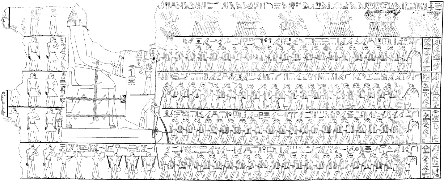 Wat niet in het filmfragment getoond werd, maar waardoor we wel sommige methoden die men vroeger gebruikten kennen, is een afbeelding in een rotsgraf uit Deir el Bersha in