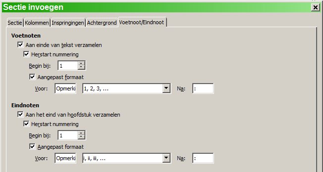 Afbeelding 29: Voet- en eindnoten voor secties instellen Voetnoten aanpassen Als u de voetnoten van de huidige sectie afzonderlijk van de andere voetnoten in het document wilt laten verschijnen,