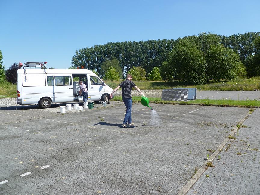 Inoculatie van Rhodococcus in de opbouw OCW-proefparking: verspreiding van een vloeibare starter op de oppervlakte, vervolgens spoelen.