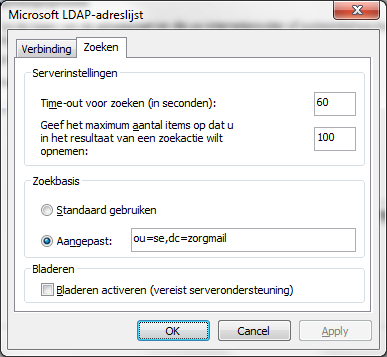 Toevoegen ZorgMail Adresboek Secure e-mail Veld Waarde Opmerkingen Naam ZorgMail Adresboek Naam van het adresboek Servernaam mail.zorgmail.