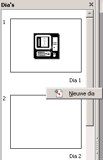 8. Een dia toevoegen Er zijn verschillende manieren om een dia toe te voegen aan de presentatie. Hier worden twee methoden uitgelegd.