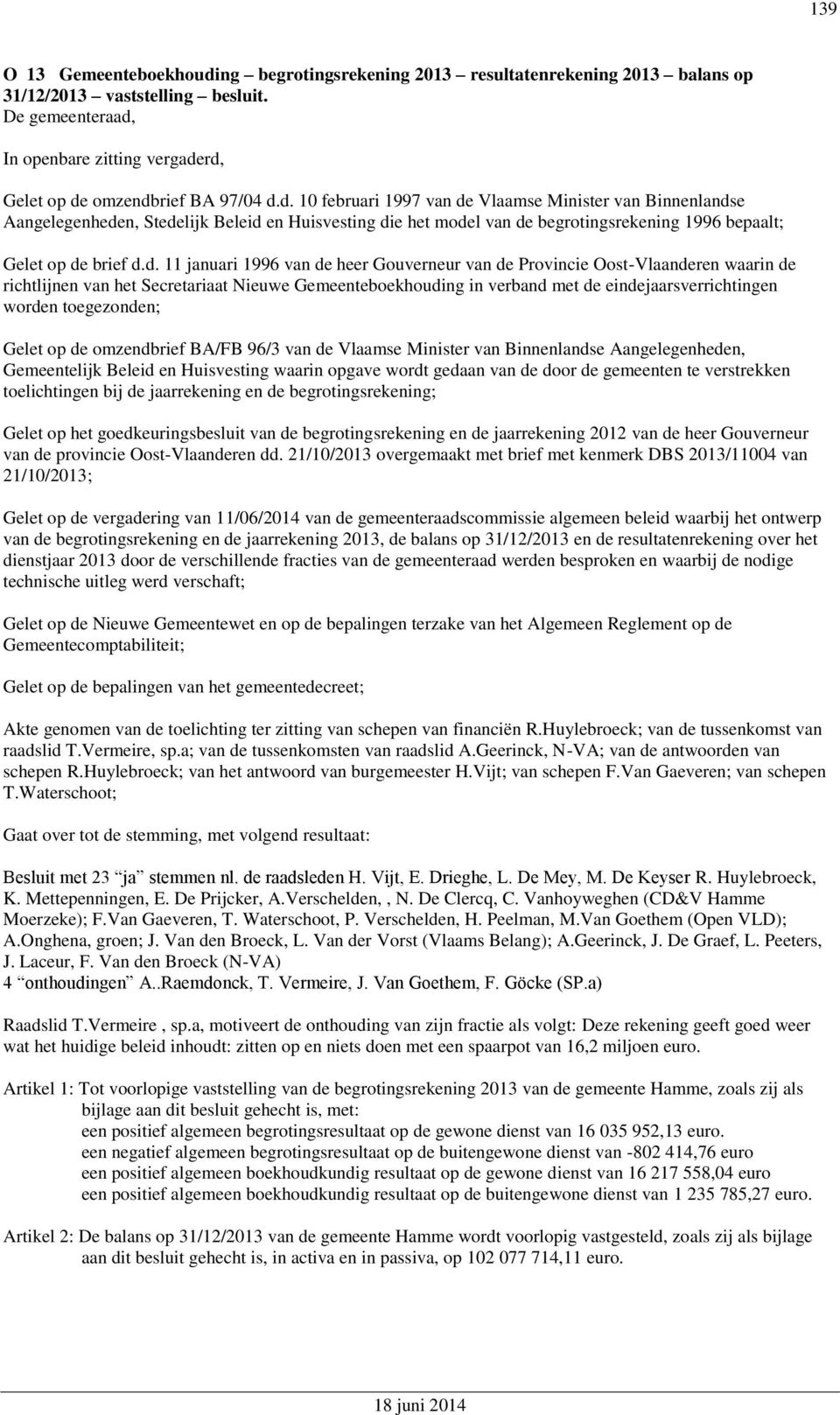omzendbrief BA 97/04 d.d. 10 februari 1997 van de Vlaamse Minister van Binnenlandse Aangelegenheden, Stedelijk Beleid en Huisvesting die het model van de begrotingsrekening 1996 bepaalt; Gelet op de brief d.