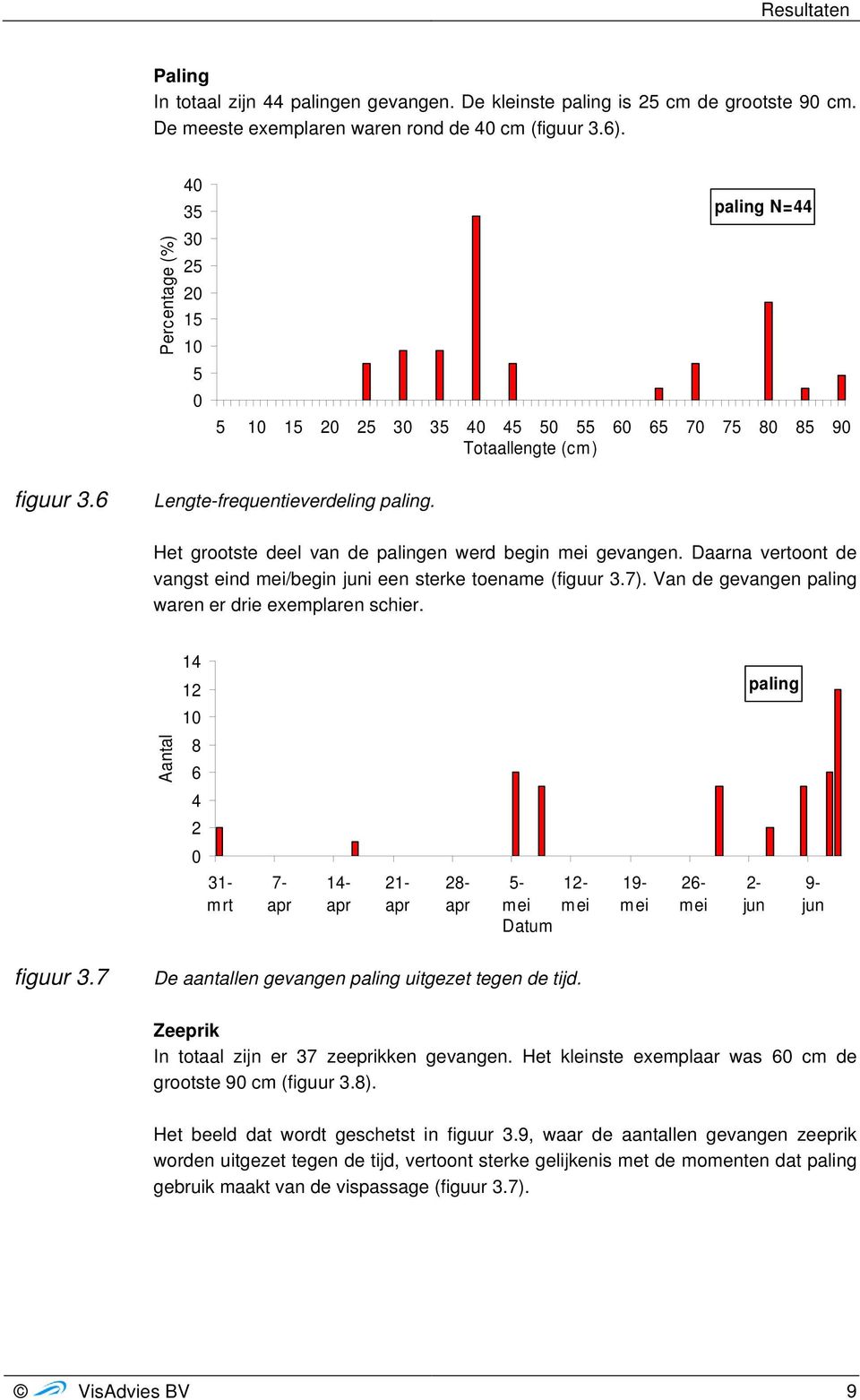 Het grootste deel van de palingen werd begin gevangen. Daarna vertoont de vangst eind /begin juni een sterke toename (figuur 3.7). Van de gevangen paling waren er drie exemplaren schier.