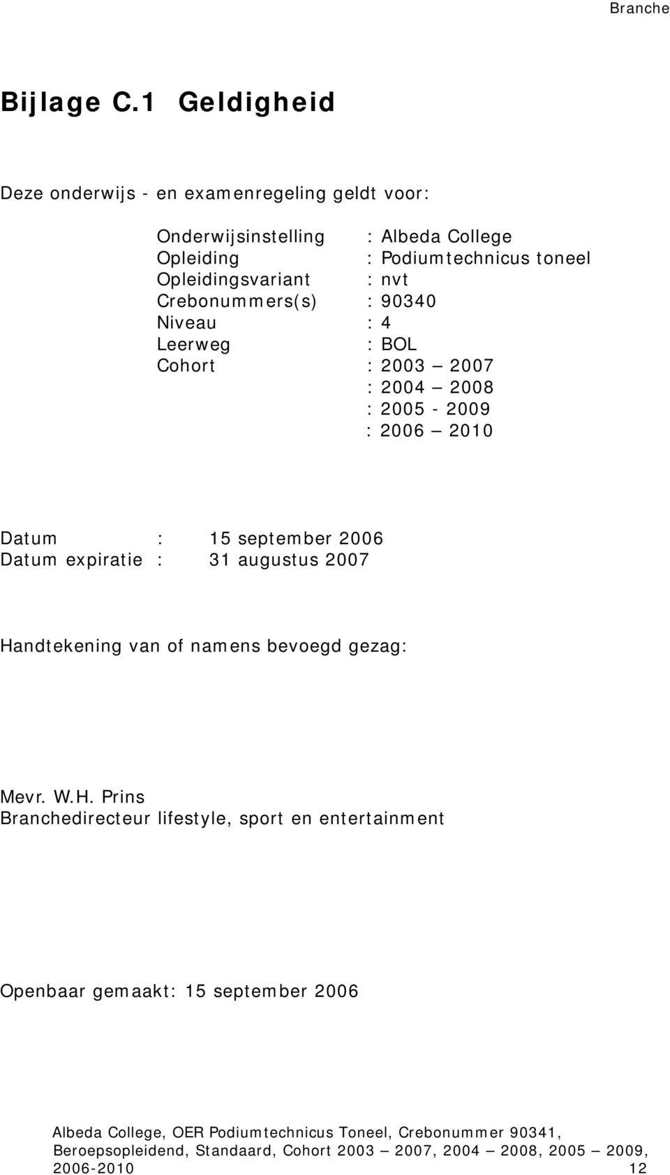Podiumtechnicus toneel Opleidingsvariant : nvt Crebonummers(s) : 90340 Niveau : 4 Leerweg : BOL Cohort : 2003 2007 : 2004
