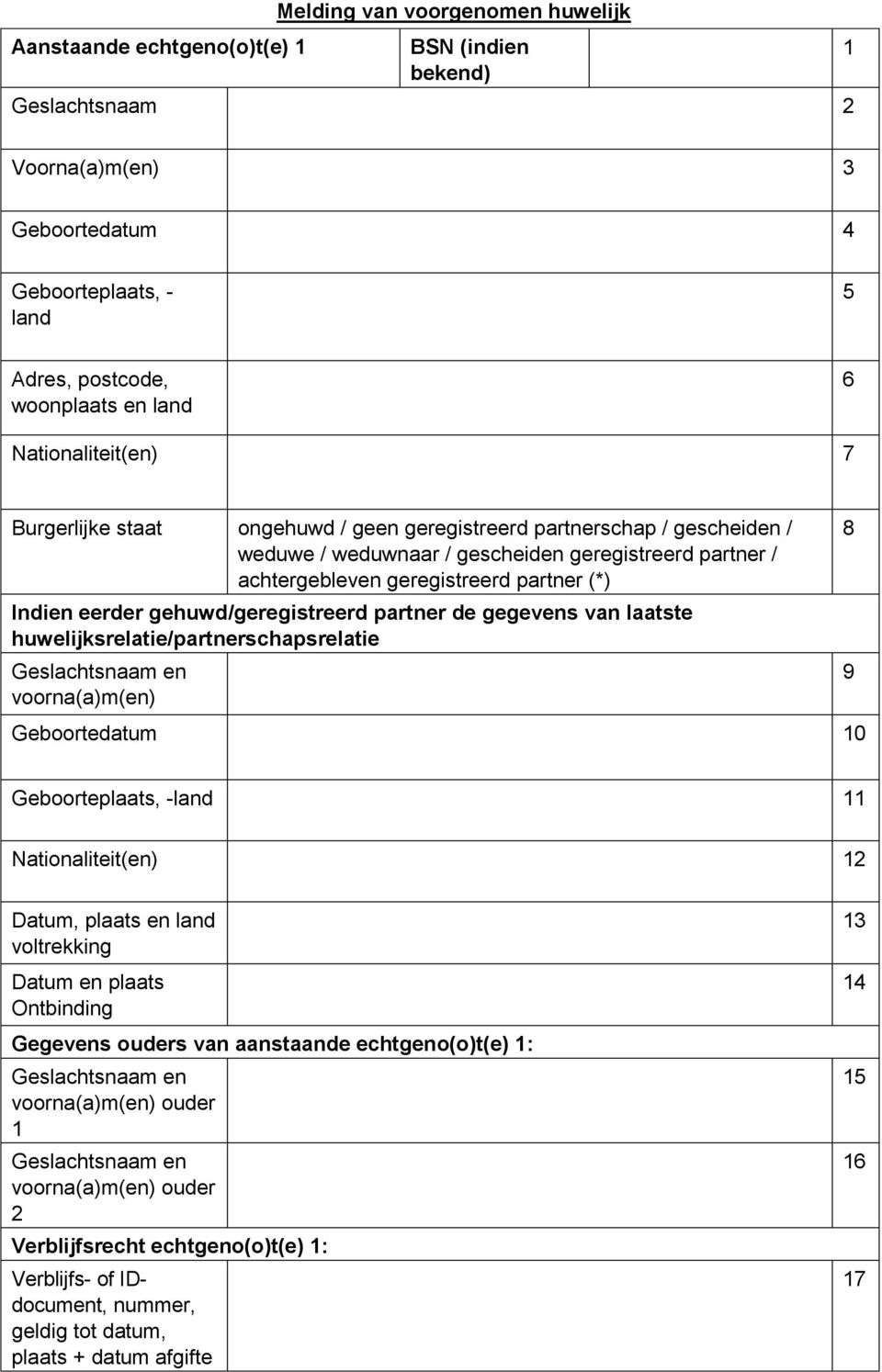 gehuwd/geregistreerd partner de gegevens van laatste huwelijksrelatie/partnerschapsrelatie 10 8 9 Geboorteplaats, -land 11 Nationaliteit(en) 12 Datum, plaats en land voltrekking Datum en