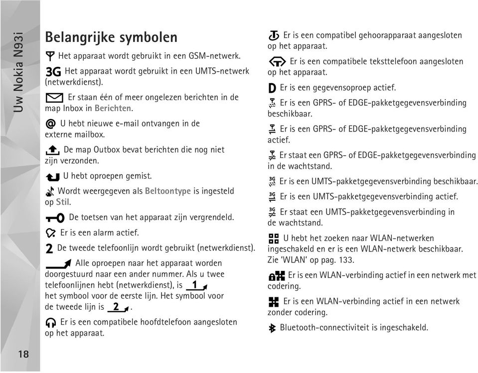 U hebt oproepen gemist. Wordt weergegeven als Beltoontype is ingesteld op Stil. De toetsen van het apparaat zijn vergrendeld. Er is een alarm actief.