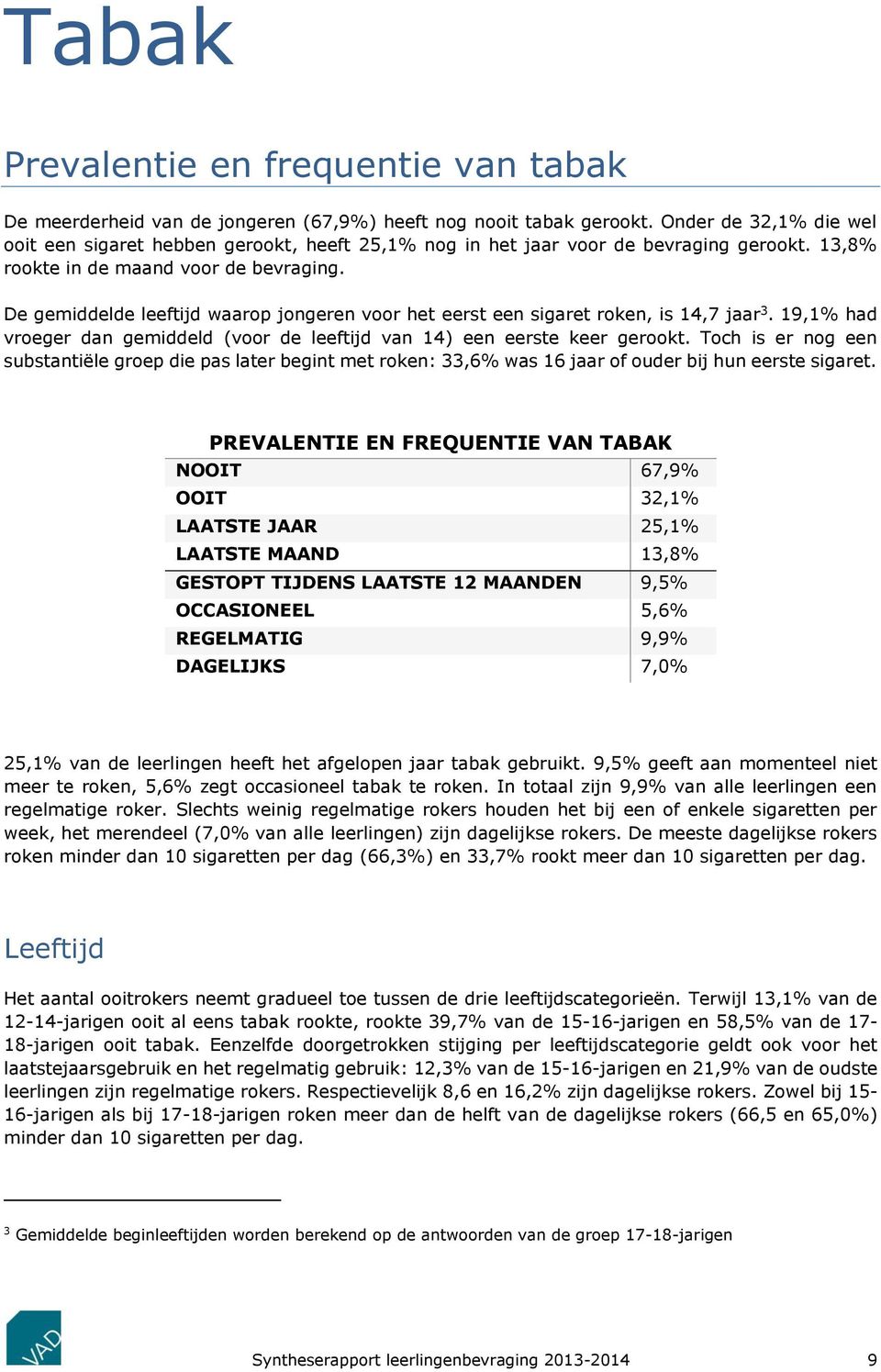 De gemiddelde leeftijd waarop jongeren voor het eerst een sigaret roken, is 14,7 jaar 3. 19,1% had vroeger dan gemiddeld (voor de leeftijd van 14) een eerste keer gerookt.