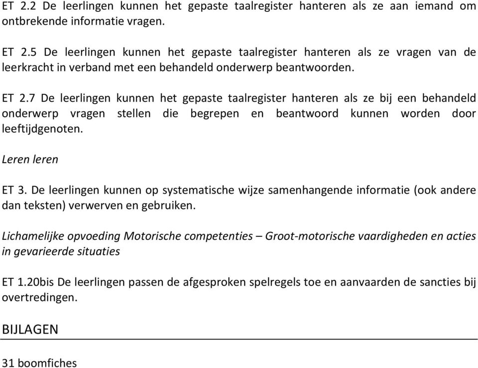 7 De leerlingen kunnen het gepaste taalregister hanteren als ze bij een behandeld onderwerp vragen stellen die begrepen en beantwoord kunnen worden door leeftijdgenoten. Leren leren ET 3.