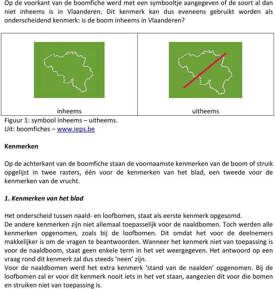 be uitheems Kenmerken Op de achterkant van de boomfiche staan de voornaamste kenmerken van de boom of struik opgelijst in twee rasters, één voor de kenmerken van het blad, een tweede voor de