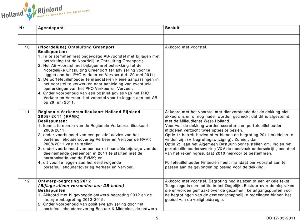 De portefeuillehouder te mandateren kleine aanpassingen in het voorstel te verwerken naar aanleiding van eventuele opmerkingen van het PHO Verkeer en Vervoer; 4.