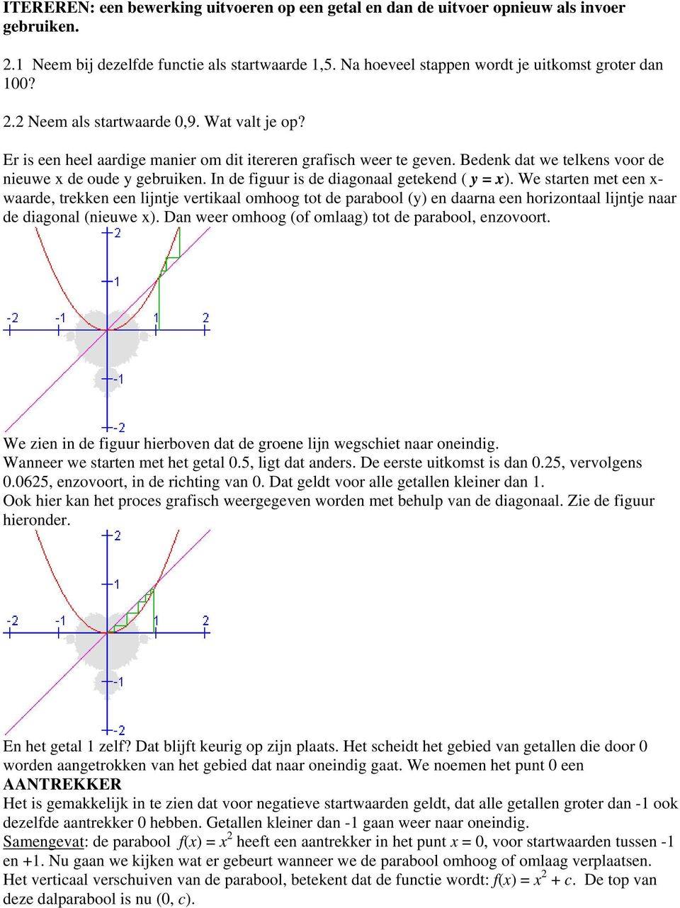 I de figuur is de diagoaal geteked ( y = x). We starte met ee x- waarde, trekke ee lijtje vertikaal omhoog tot de parabool (y) e daara ee horizotaal lijtje aar de diagoal (ieuwe x).