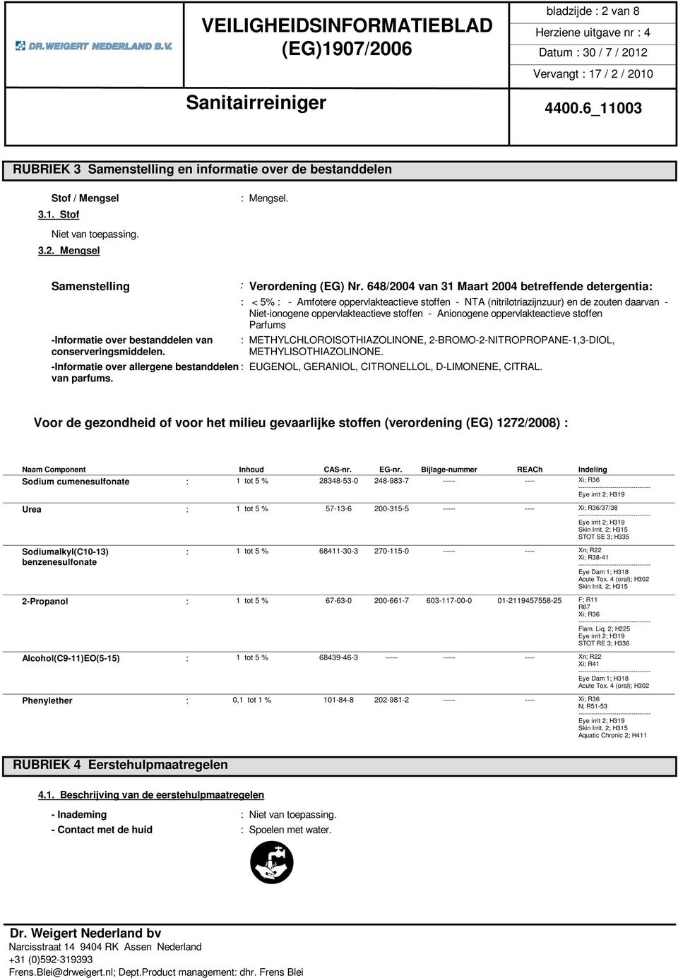 Anionogene oppervlakteactieve stoffen Parfums -Informatie over bestanddelen van : METHYLCHLOROISOTHIAZOLINONE, 2-BROMO-2-NITROPROPANE-1,3-DIOL, conserveringsmiddelen. METHYLISOTHIAZOLINONE.