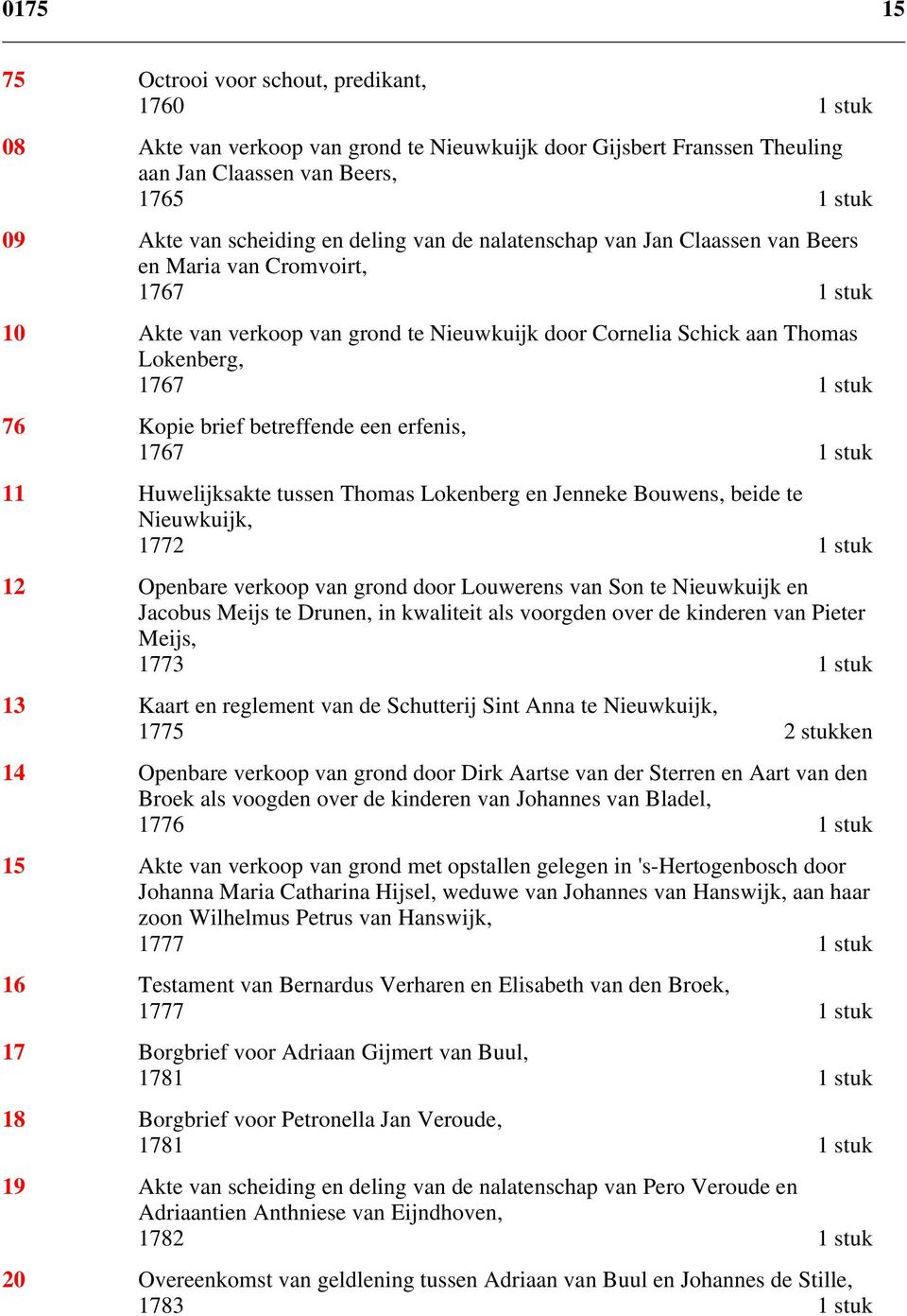 brief betreffende een erfenis, 1767 1 stuk 11 Huwelijksakte tussen Thomas Lokenberg en Jenneke Bouwens, beide te Nieuwkuijk, 1772 1 stuk 12 Openbare verkoop van grond door Louwerens van Son te