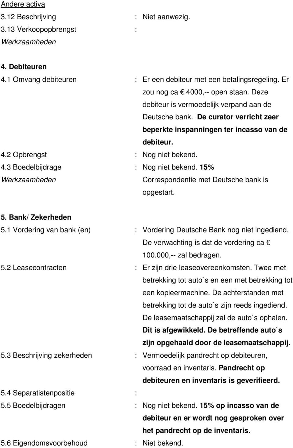 15% Correspondentie met Deutsche bank is opgestart. 5. Bank/ Zekerheden 5.1 Vordering van bank (en) : Vordering Deutsche Bank nog niet ingediend. De verwachting is dat de vordering ca 100.