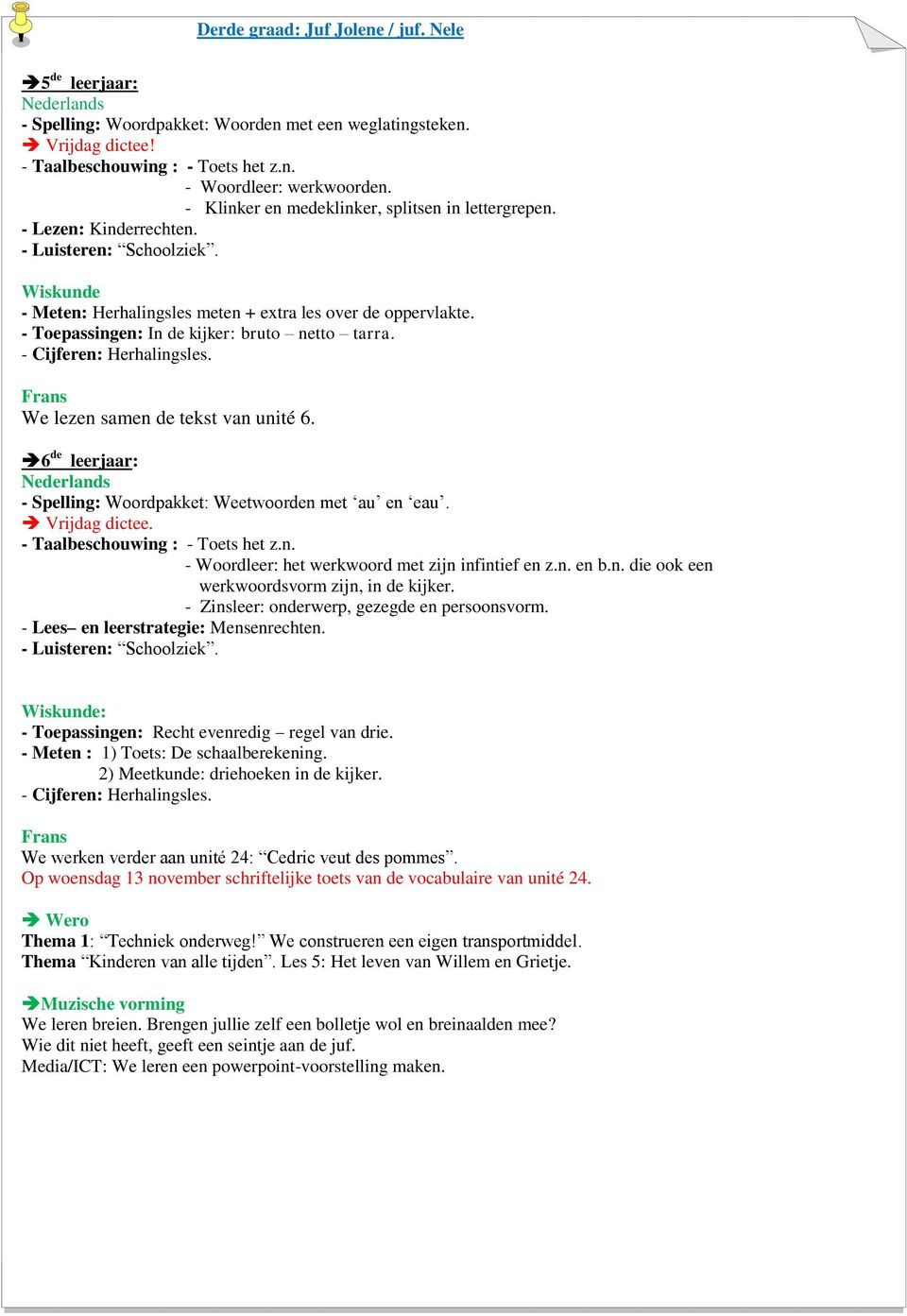 - Toepassingen: In de kijker: bruto netto tarra. - Cijferen: Herhalingsles. Frans We lezen samen de tekst van unité 6. Nederlands - Spelling: Woordpakket: Weetwoorden met au en eau. Vrijdag dictee.