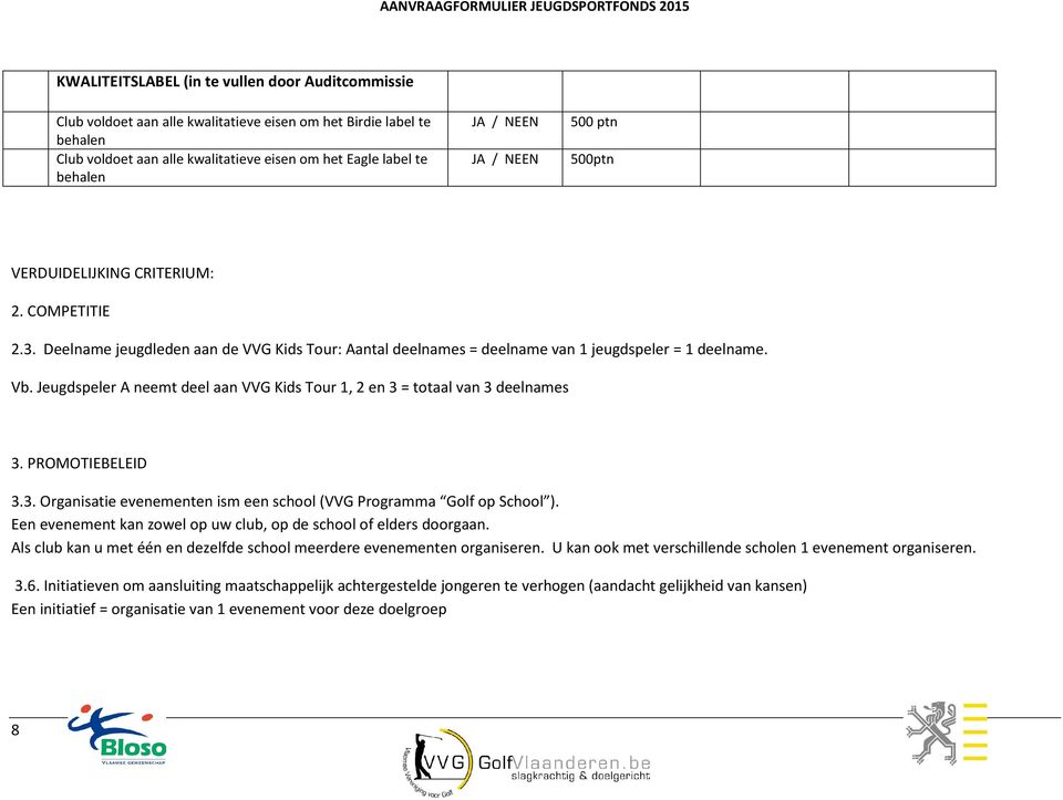 Jeugdspeler A neemt deel aan VVG Kids Tour 1, 2 en 3 = totaal van 3 deelnames 3. PROMOTIEBELEID 3.3. Organisatie evenementen ism een school (VVG Programma Golf op School ).